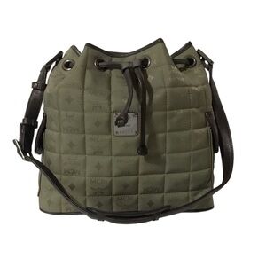 MCM Olive Quilted Monogram Vintage Drawstring Shoulder Bag